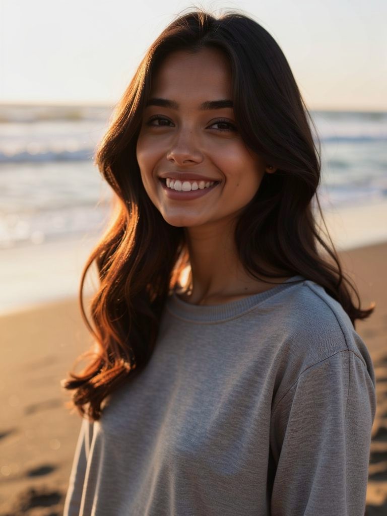 AI-generated beach portfolio photo of a South Asian woman in her early 20s