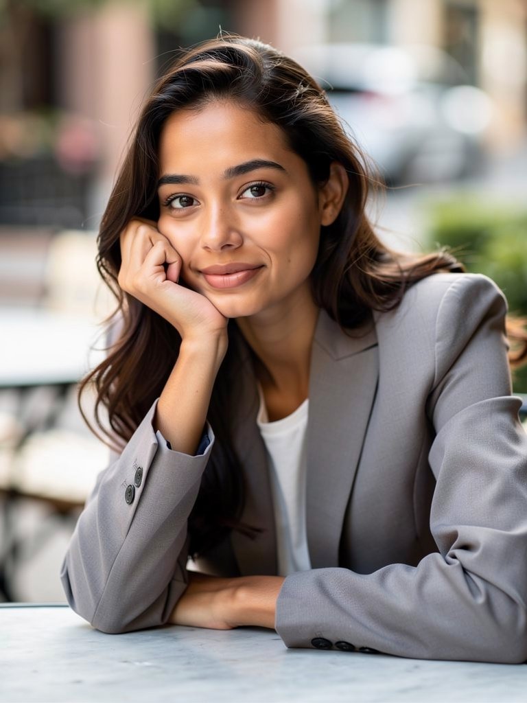 AI-generated café portfolio photo of a South Asian woman in her early 20s