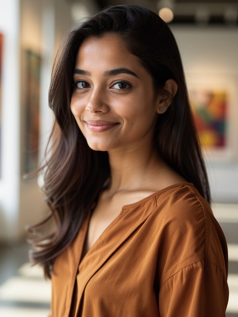 AI-generated editorial portfolio photo of a South Asian woman in her early 20s