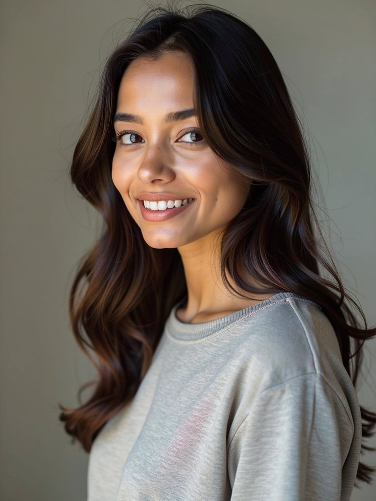 AI-generated studio portfolio photo of a South Asian woman in her early 20s