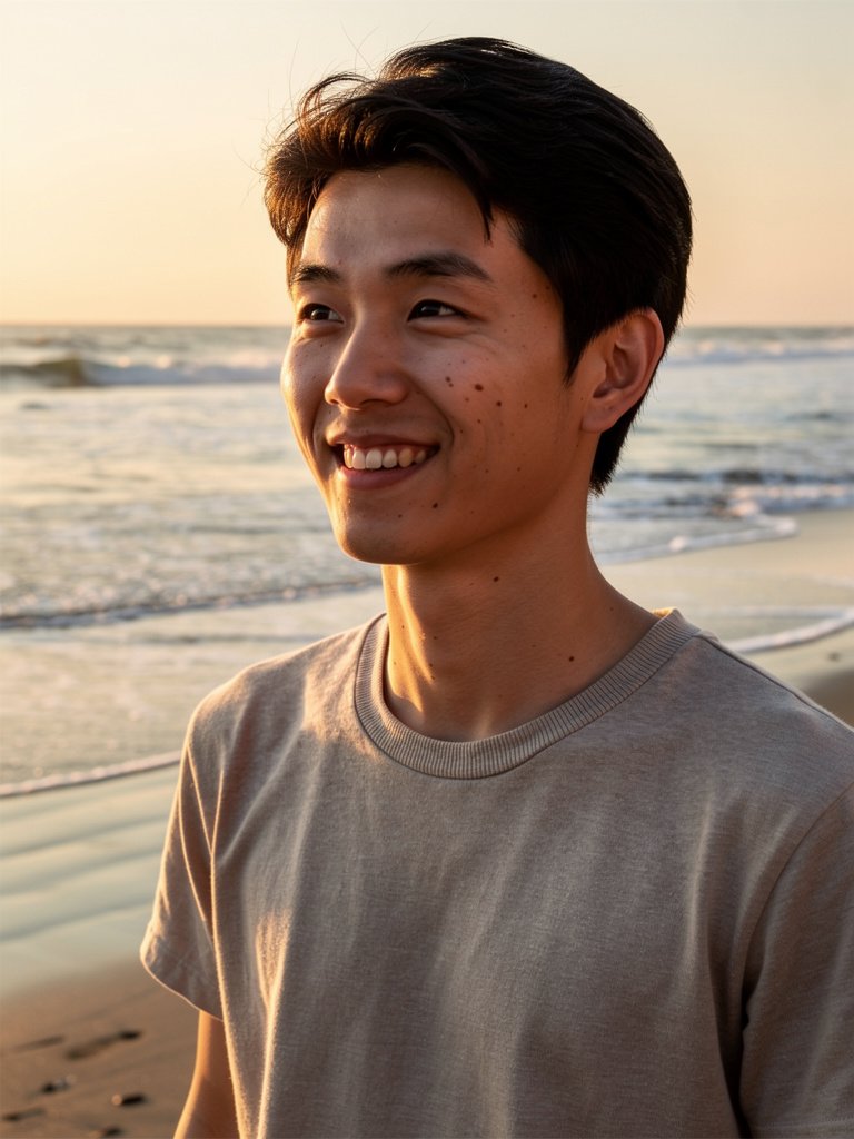 AI-generated beach portfolio photo of an East Asian man in his late 20s