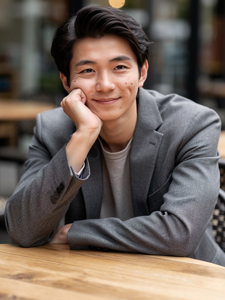 AI-generated café portfolio photo of an East Asian man in his late 20s
