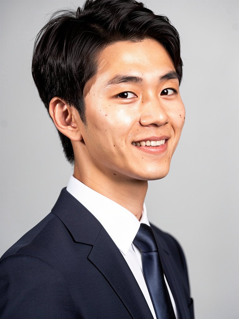 AI-generated corporate headshot — an East Asian man in his late 20s
