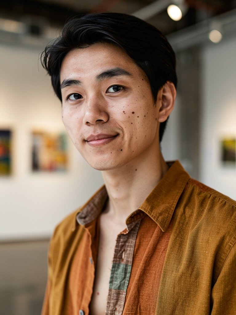 AI-generated editorial portfolio photo of an East Asian man in his late 20s