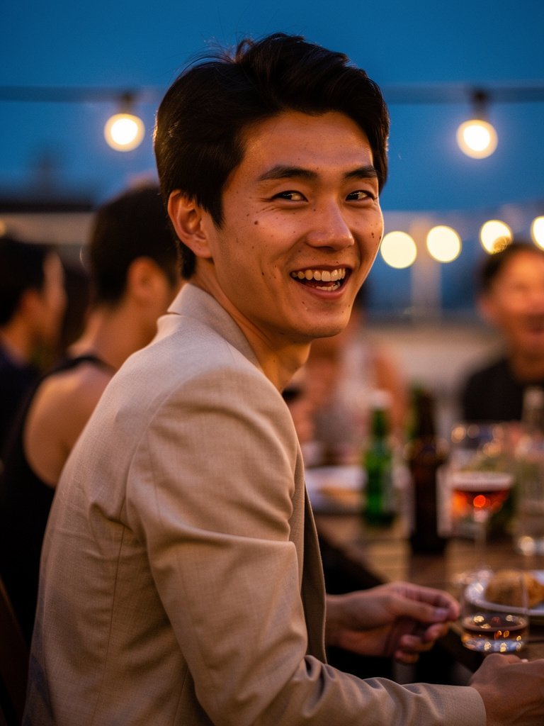 AI-generated party portfolio photo of an East Asian man in his late 20s