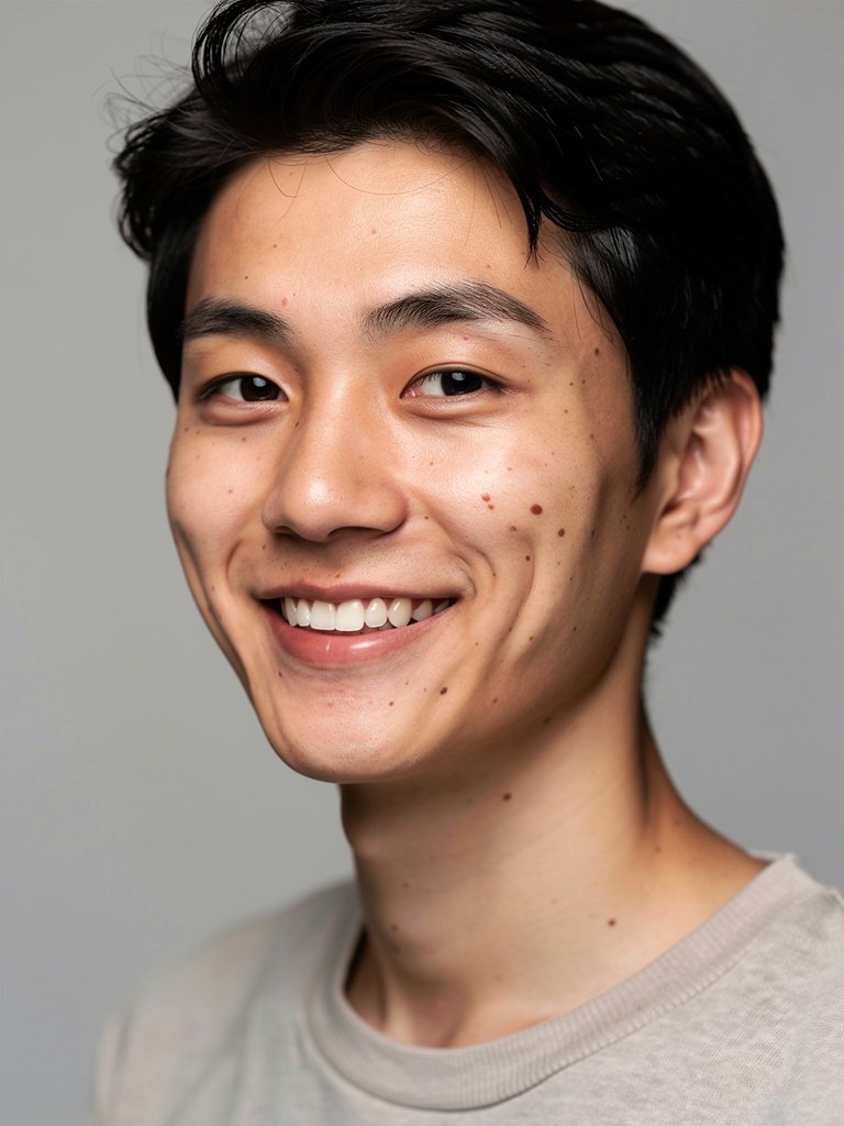 AI-generated studio portfolio photo of an East Asian man in his late 20s