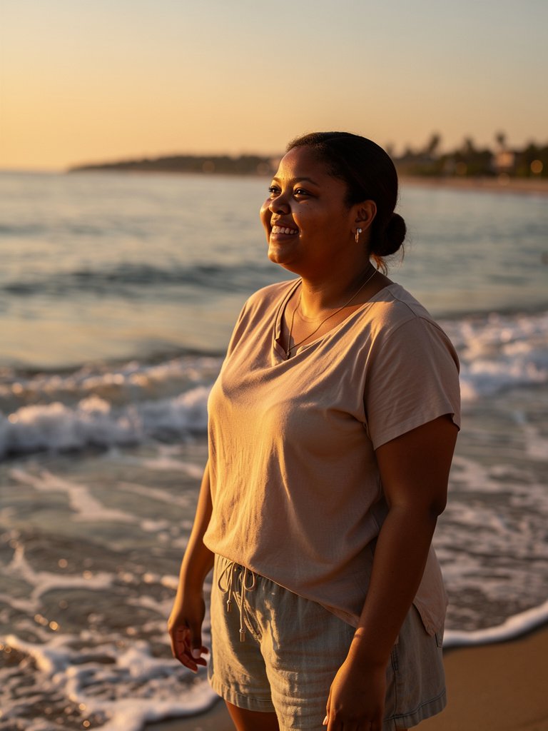 AI-generated beach portfolio photo of a Black African woman in her mid 30s