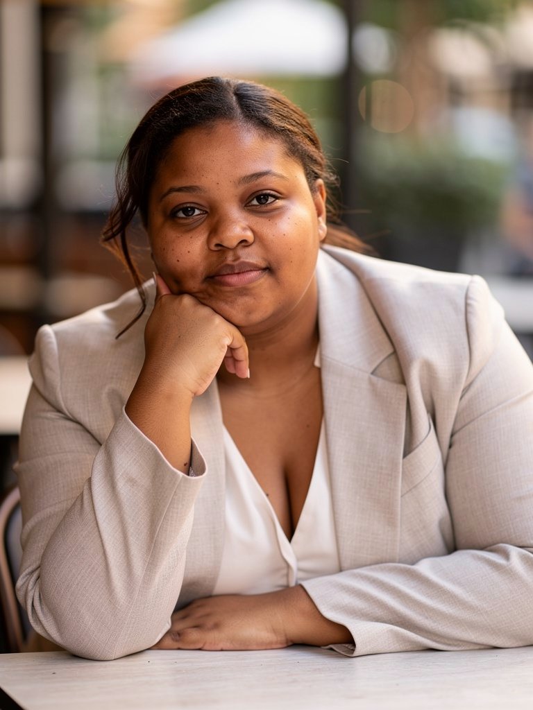 AI-generated lifestyle portrait — a Black African woman in her mid 30s at a café