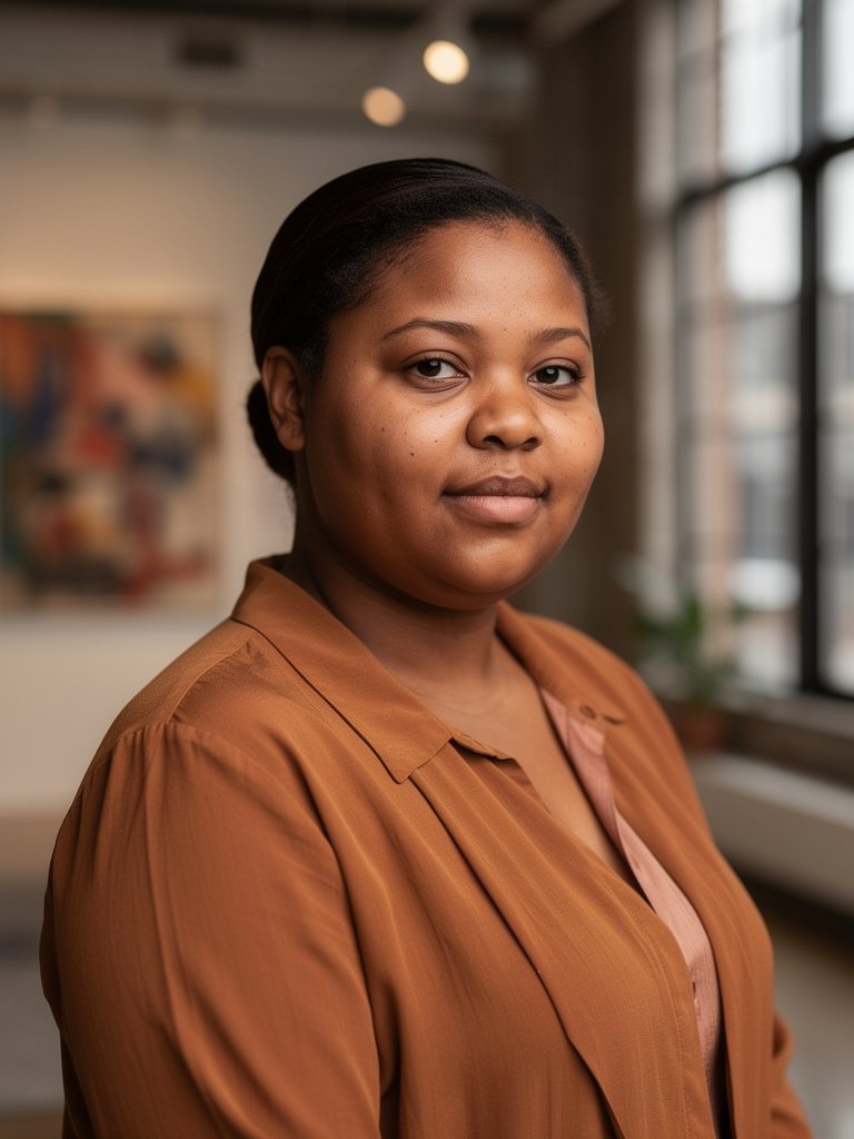 AI-generated editorial portfolio photo of a Black African woman in her mid 30s