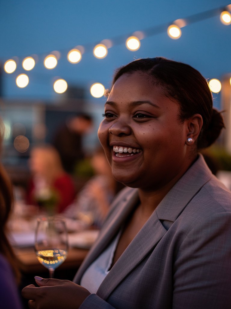 AI-generated party portfolio photo of a Black African woman in her mid 30s