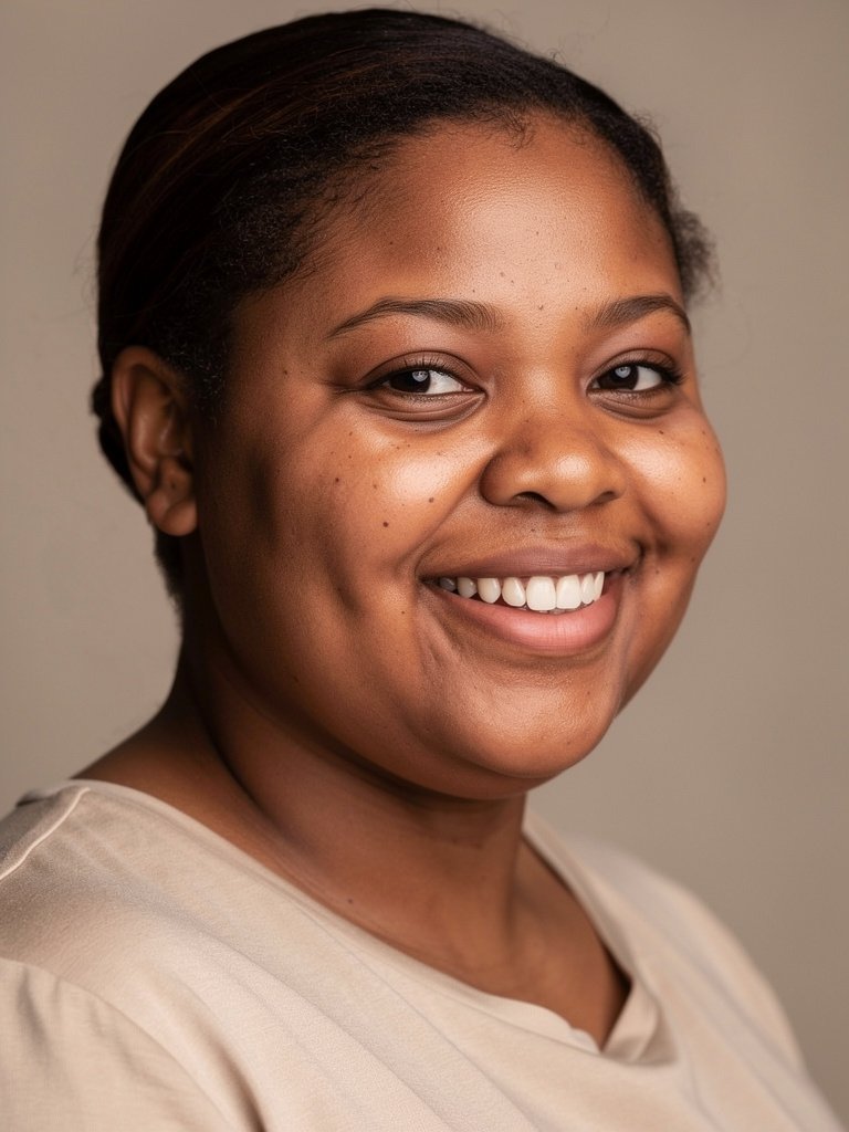AI-generated studio portfolio photo of a Black African woman in her mid 30s