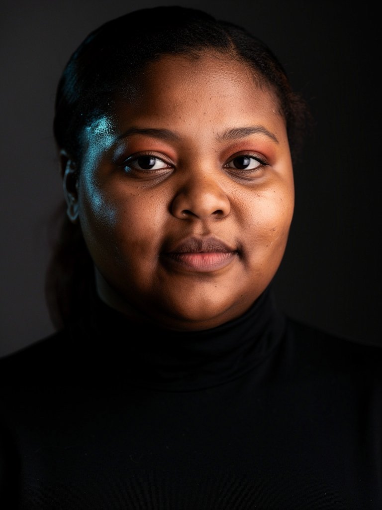 AI-generated tech founder portfolio photo of a Black African woman in her mid 30s