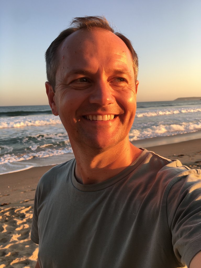 AI-generated beach portfolio photo of a White European man in his mid 40s