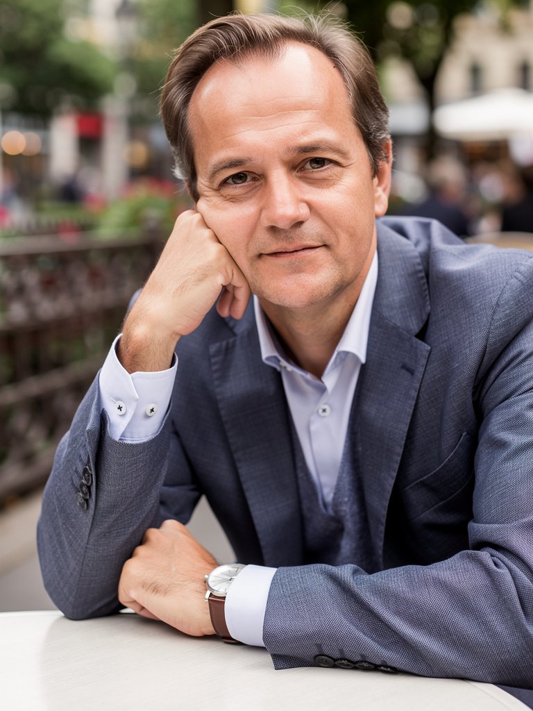 AI-generated café portfolio photo of a White European man in his mid 40s