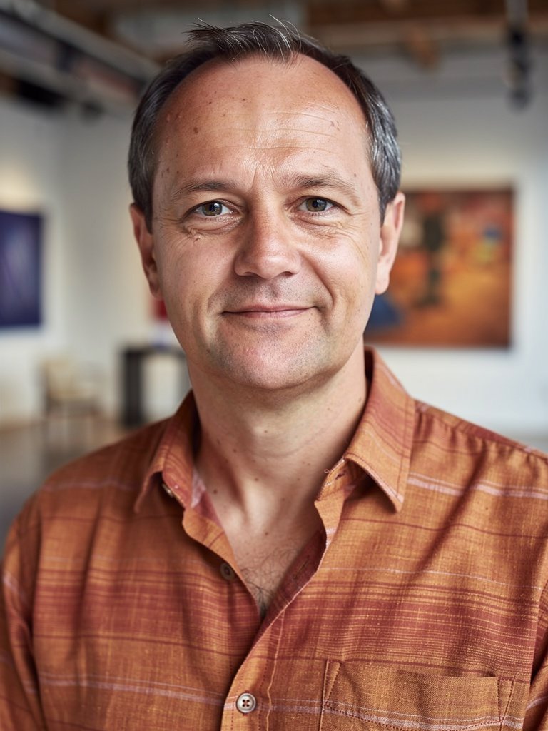 AI-generated editorial portfolio photo of a White European man in his mid 40s