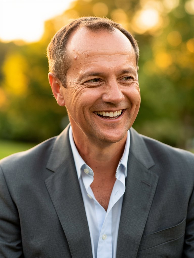AI-generated full-body executive portrait — a White European man in his mid 40s, photographed outdoors