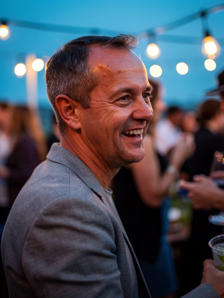 AI-generated party portfolio photo of a White European man in his mid 40s