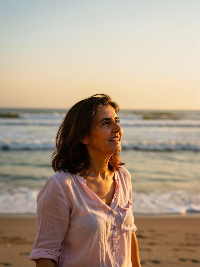 AI-generated beach portfolio photo of a Middle Eastern woman in her early 50s