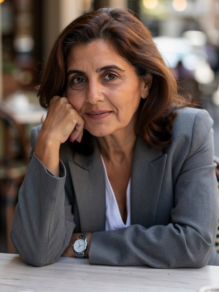 AI-generated café portfolio photo of a Middle Eastern woman in her early 50s