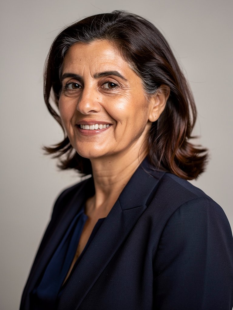 AI-generated corporate portfolio photo of a Middle Eastern woman in her early 50s