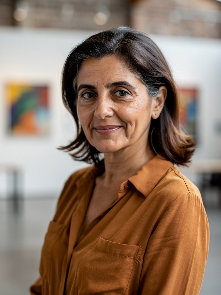AI-generated editorial portfolio photo of a Middle Eastern woman in her early 50s