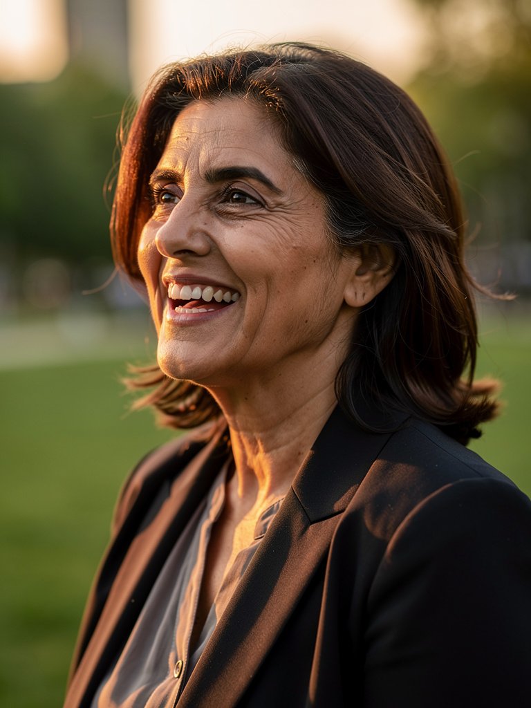AI-generated executive portfolio photo of a Middle Eastern woman in her early 50s