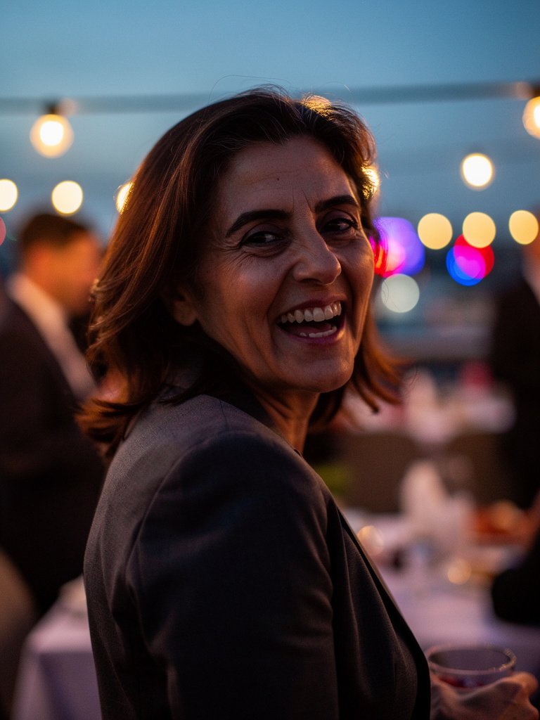 AI-generated party portfolio photo of a Middle Eastern woman in her early 50s