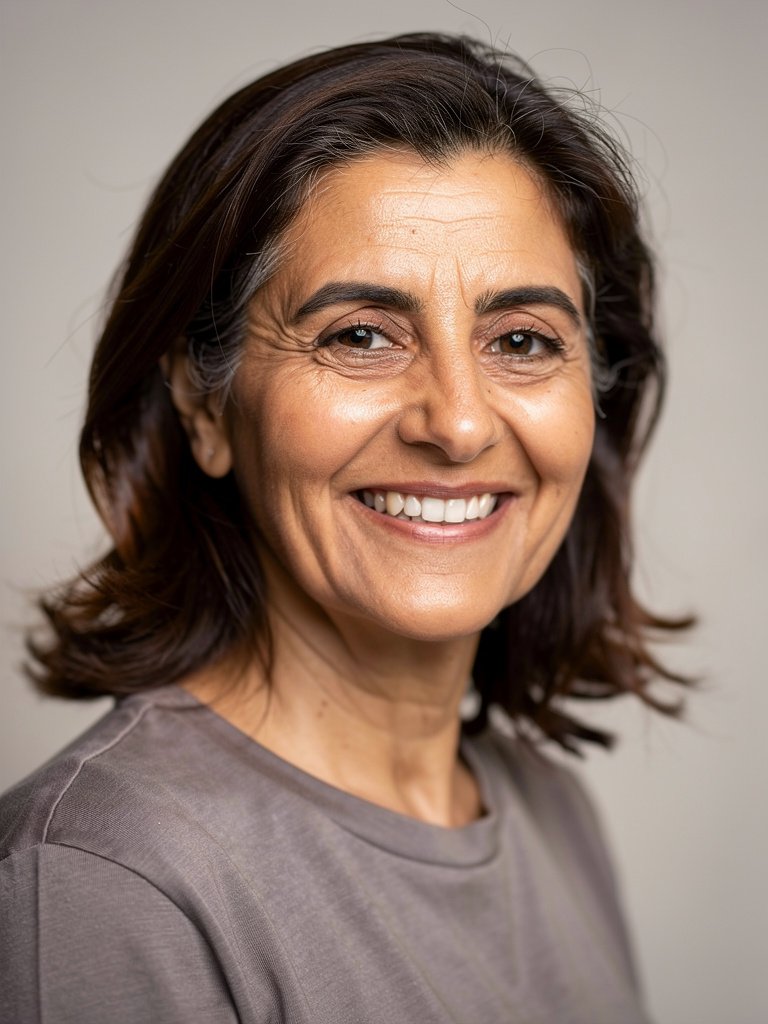AI-generated studio portfolio photo of a Middle Eastern woman in her early 50s
