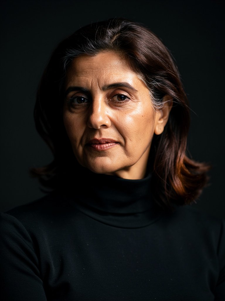 AI-generated tech founder portfolio photo of a Middle Eastern woman in her early 50s