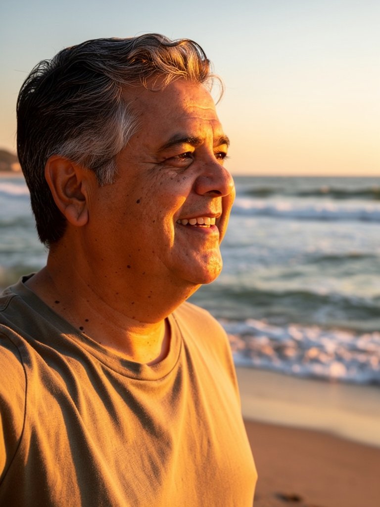 AI-generated beach portfolio photo of a Latino man in his early 60s