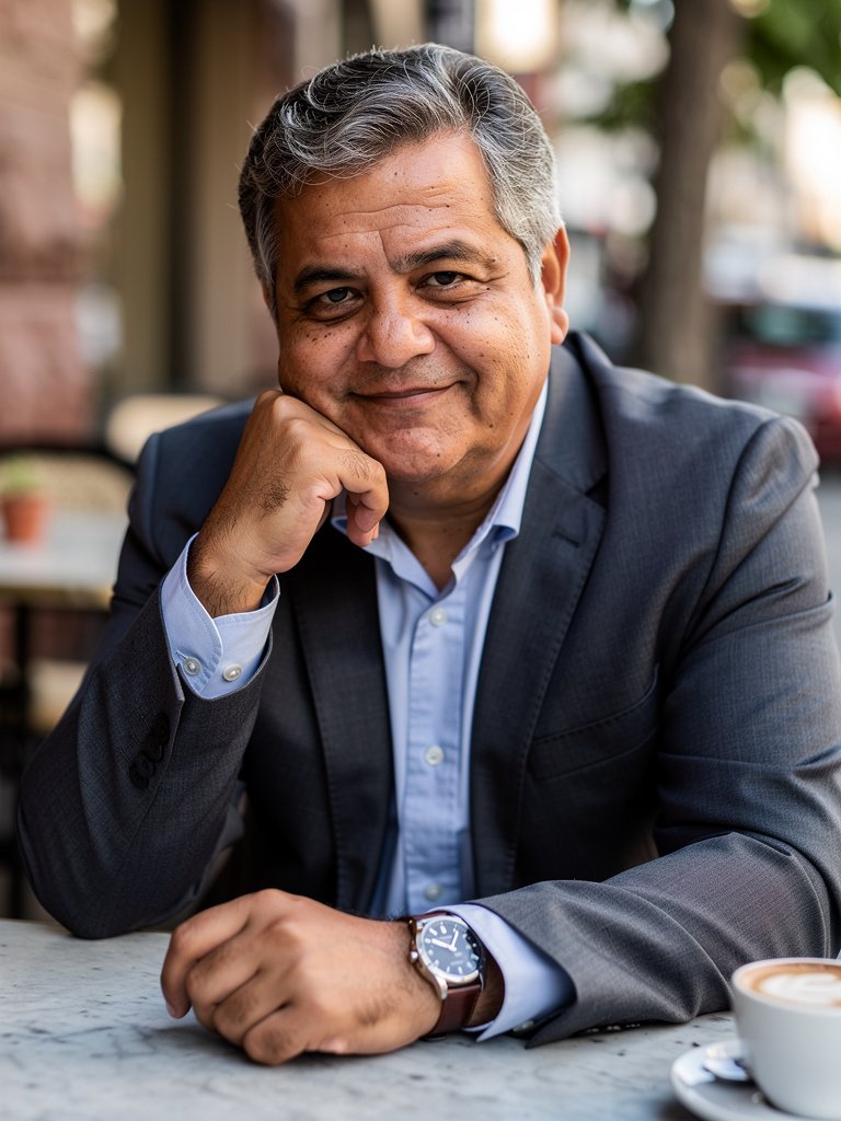 AI-generated café portfolio photo of a Latino man in his early 60s