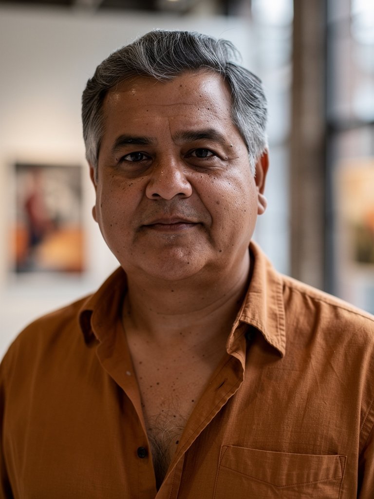 AI-generated editorial portfolio photo of a Latino man in his early 60s