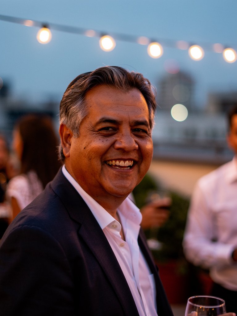 AI-generated party portfolio photo of a Latino man in his early 60s