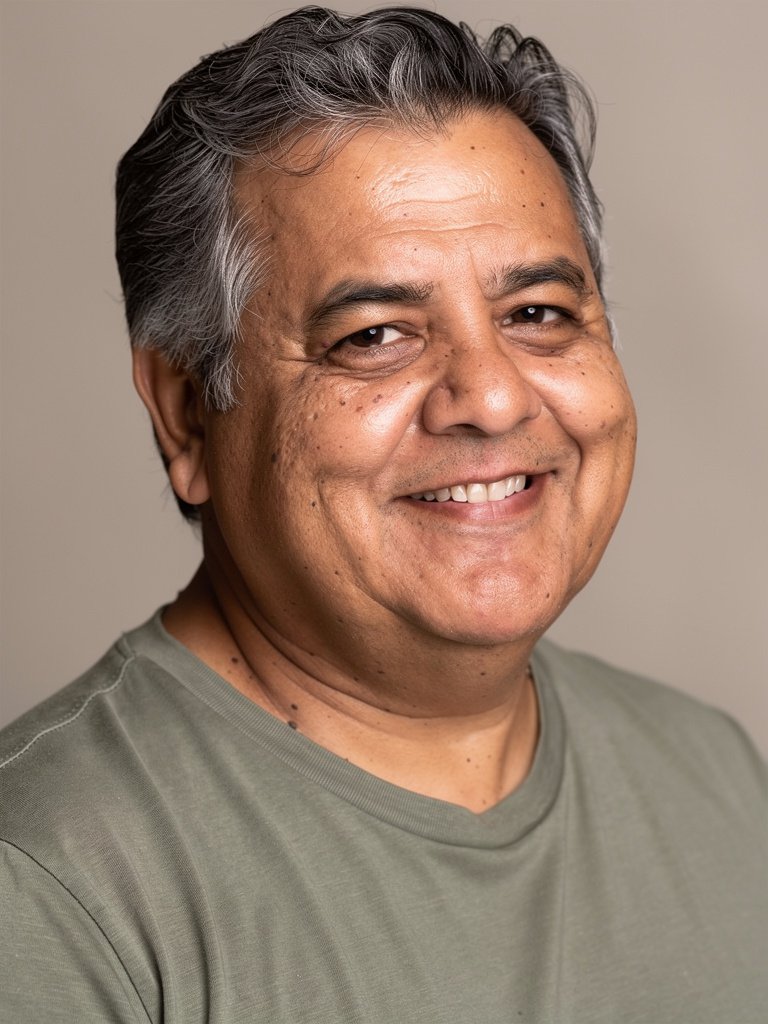 AI-generated studio portfolio photo of a Latino man in his early 60s
