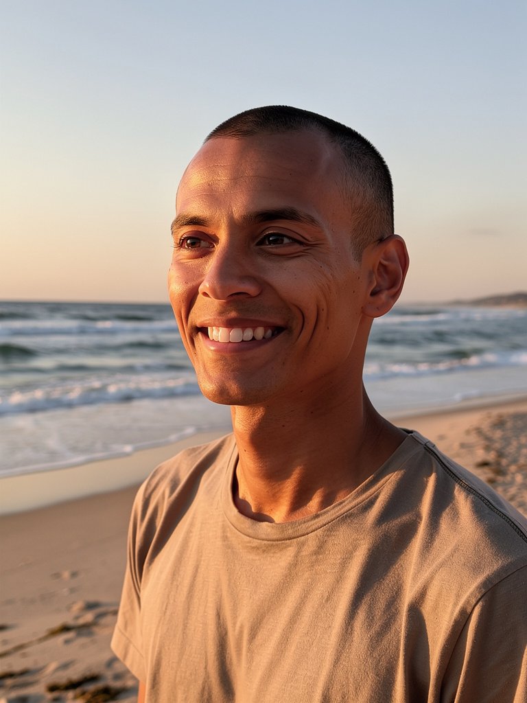 AI-generated beach portfolio photo of a mixed-heritage non-binary person in their mid 30s