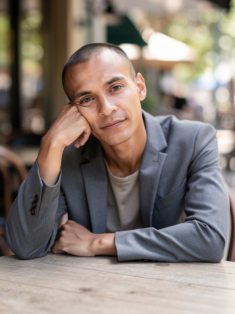 AI-generated café portfolio photo of a mixed-heritage non-binary person in their mid 30s