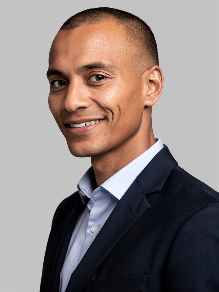 AI-generated corporate portfolio photo of a mixed-heritage non-binary person in their mid 30s