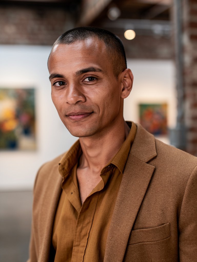 AI-generated editorial portfolio photo of a mixed-heritage non-binary person in their mid 30s