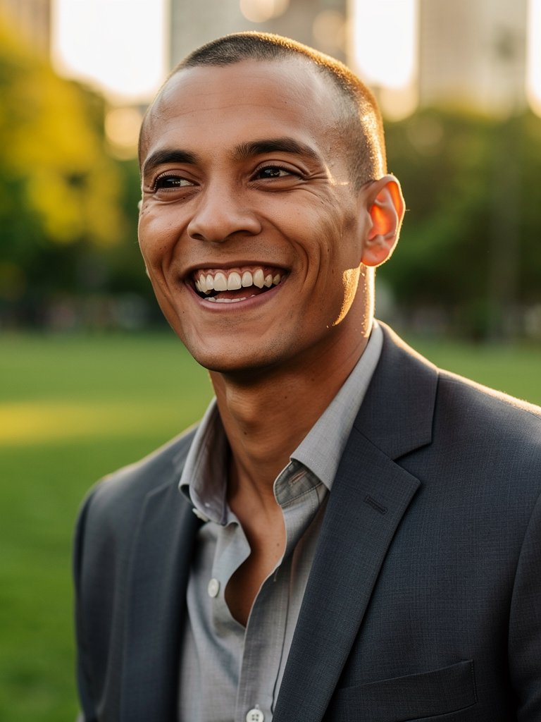 AI-generated executive portfolio photo of a mixed-heritage non-binary person in their mid 30s