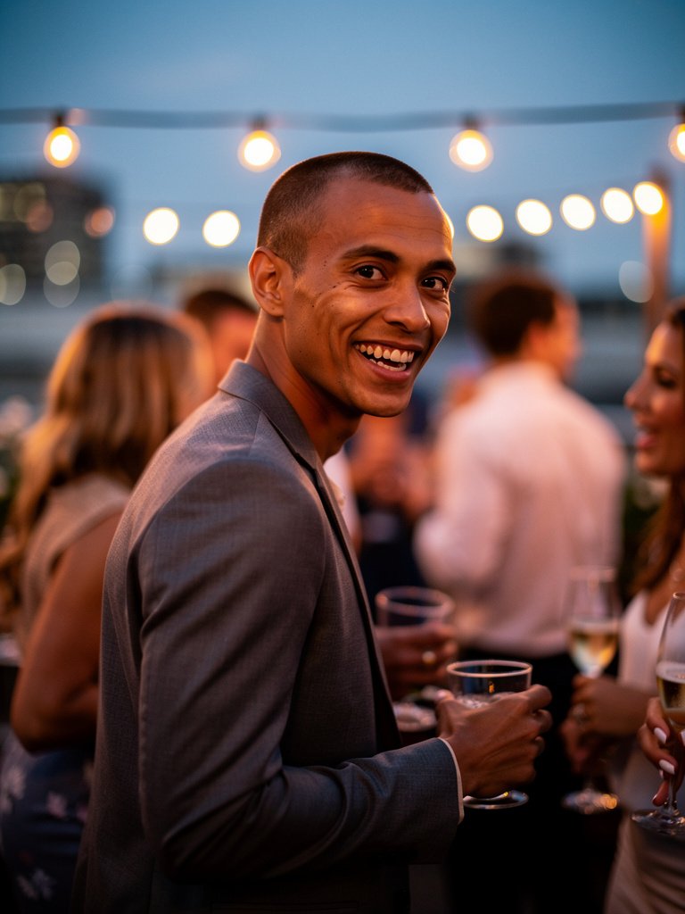 AI-generated party portfolio photo of a mixed-heritage non-binary person in their mid 30s