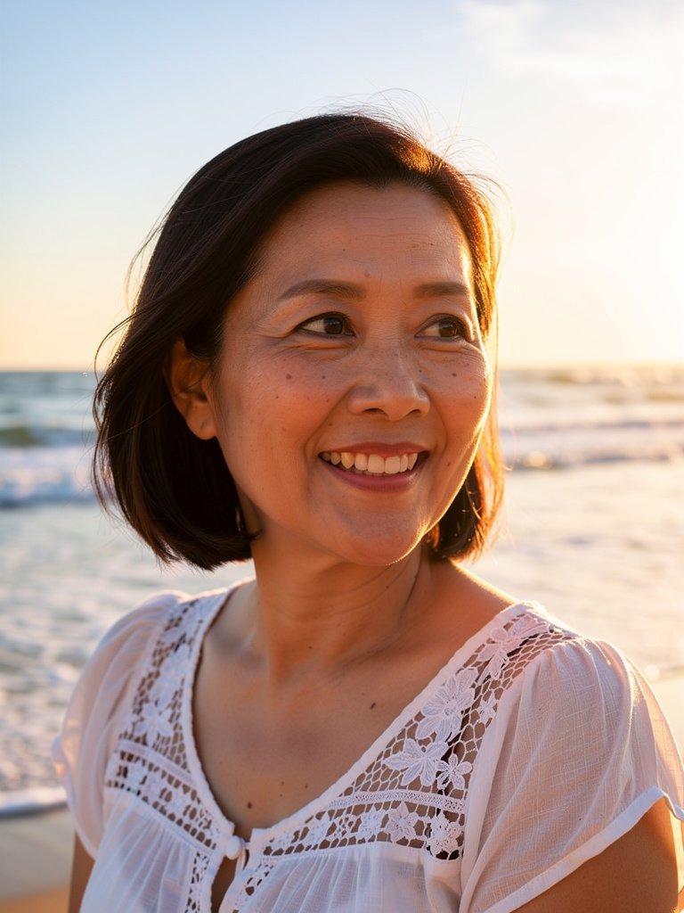 AI-generated beach portfolio photo of a Southeast Asian woman in her late 40s