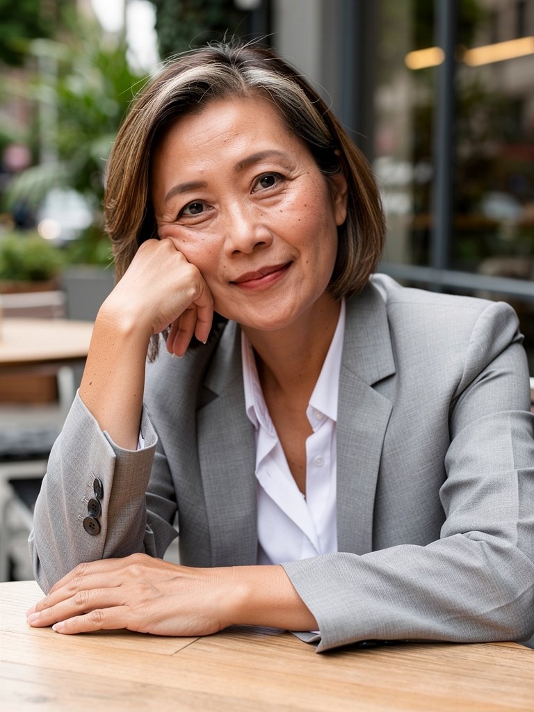 AI-generated café portfolio photo of a Southeast Asian woman in her late 40s