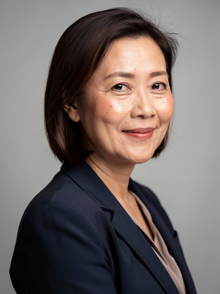 AI-generated corporate portfolio photo of a Southeast Asian woman in her late 40s