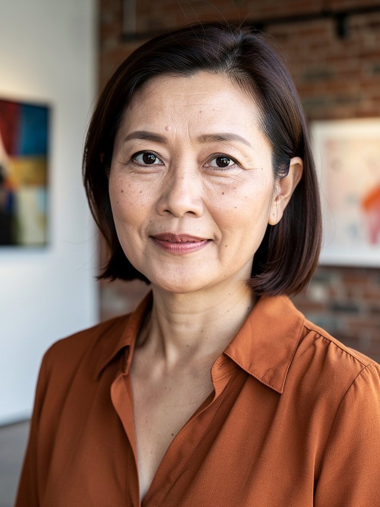AI-generated editorial portfolio photo of a Southeast Asian woman in her late 40s