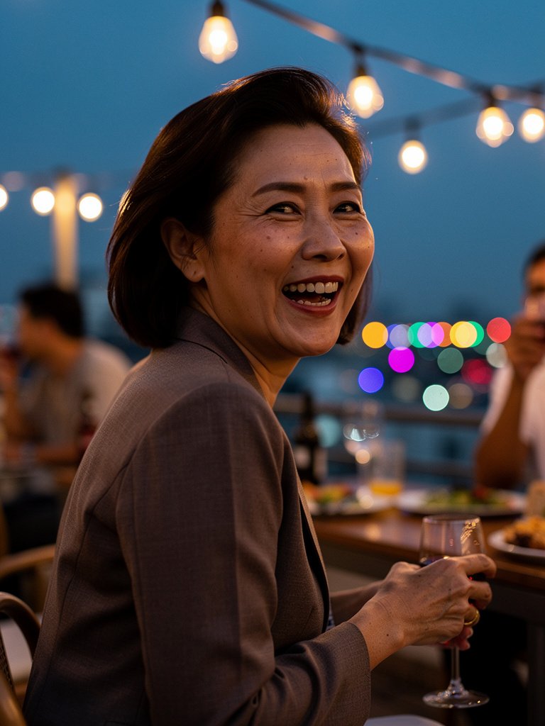 AI-generated party portfolio photo of a Southeast Asian woman in her late 40s