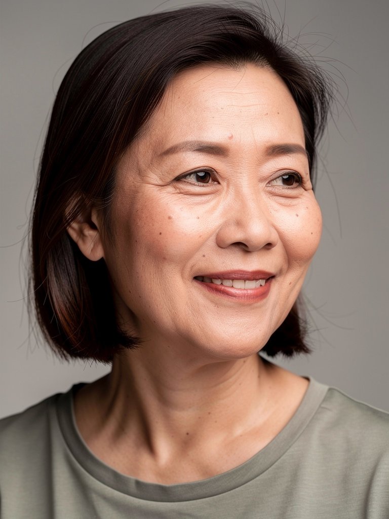 AI-generated studio portfolio photo of a Southeast Asian woman in her late 40s