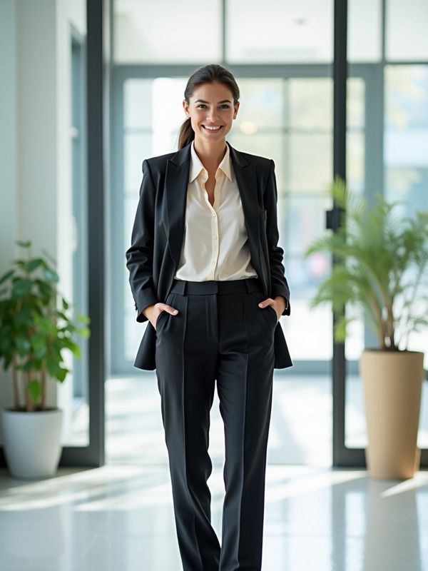 Full-body AI portrait — woman in a tailored suit