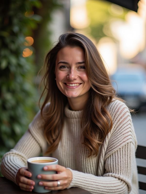 Lifestyle AI portrait — woman with coffee at a café