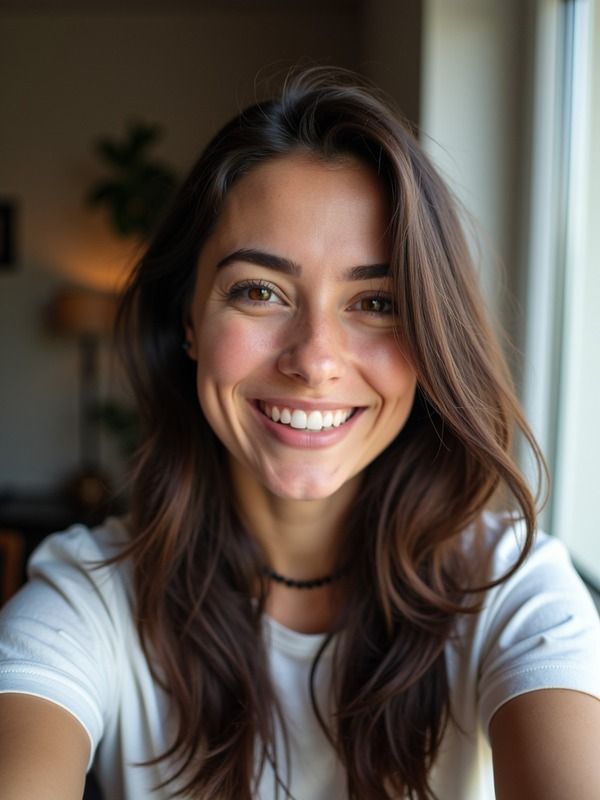 Natural AI selfie — woman smiling to camera
