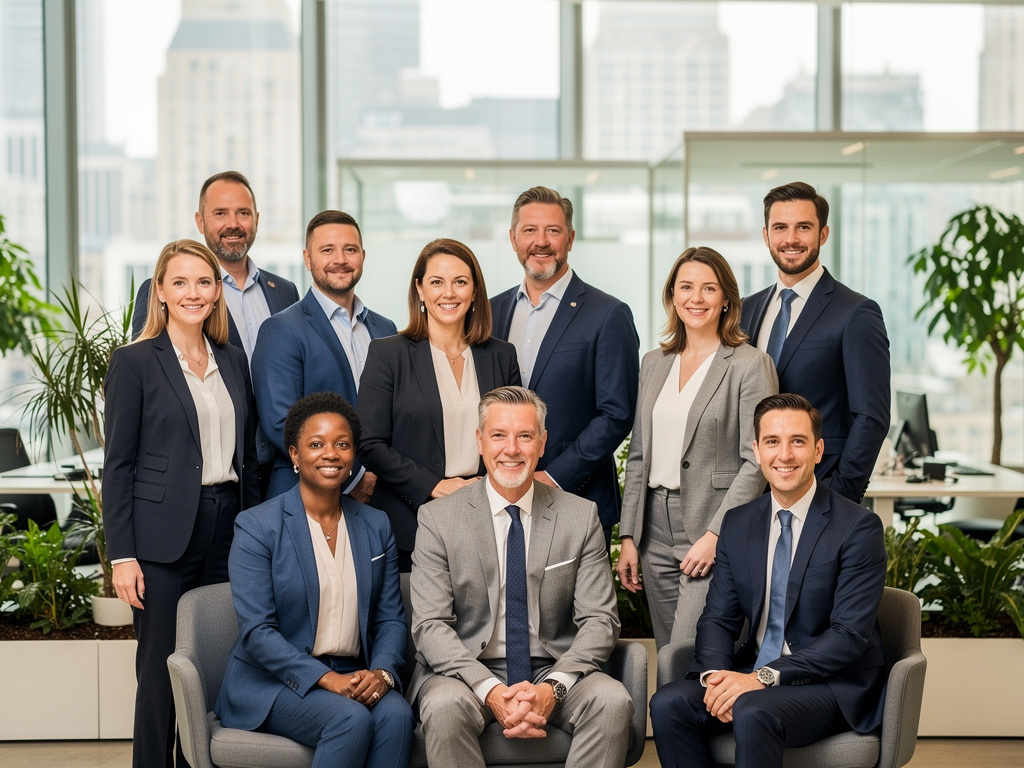 AI-generated example of a corporate team — every colleague on the same branded, professional headshot look
